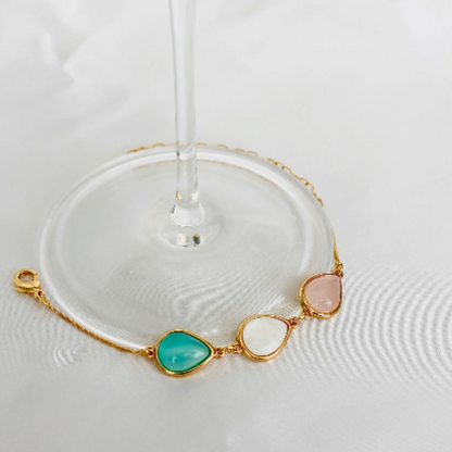 Pulseira - Pedras Naturais - Banho de ouro 18k - Ágata azul céu - Quartzo rosa - Madrepérola