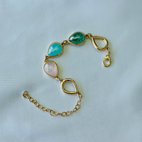 Pulseira - Pedras Naturais - Banho de ouro 18k - Ágata verde - Ágata azul céu - Quartzo rosa